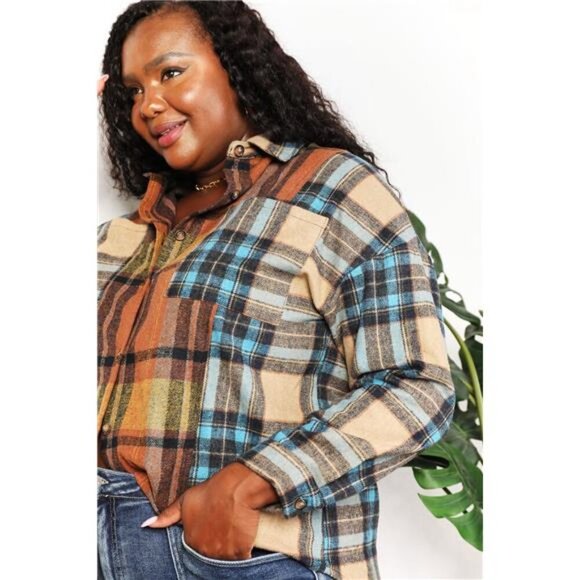 Double Take Plaid Curved Hem Shirt Jacket with Breast Pockets - Picture 15 of 15